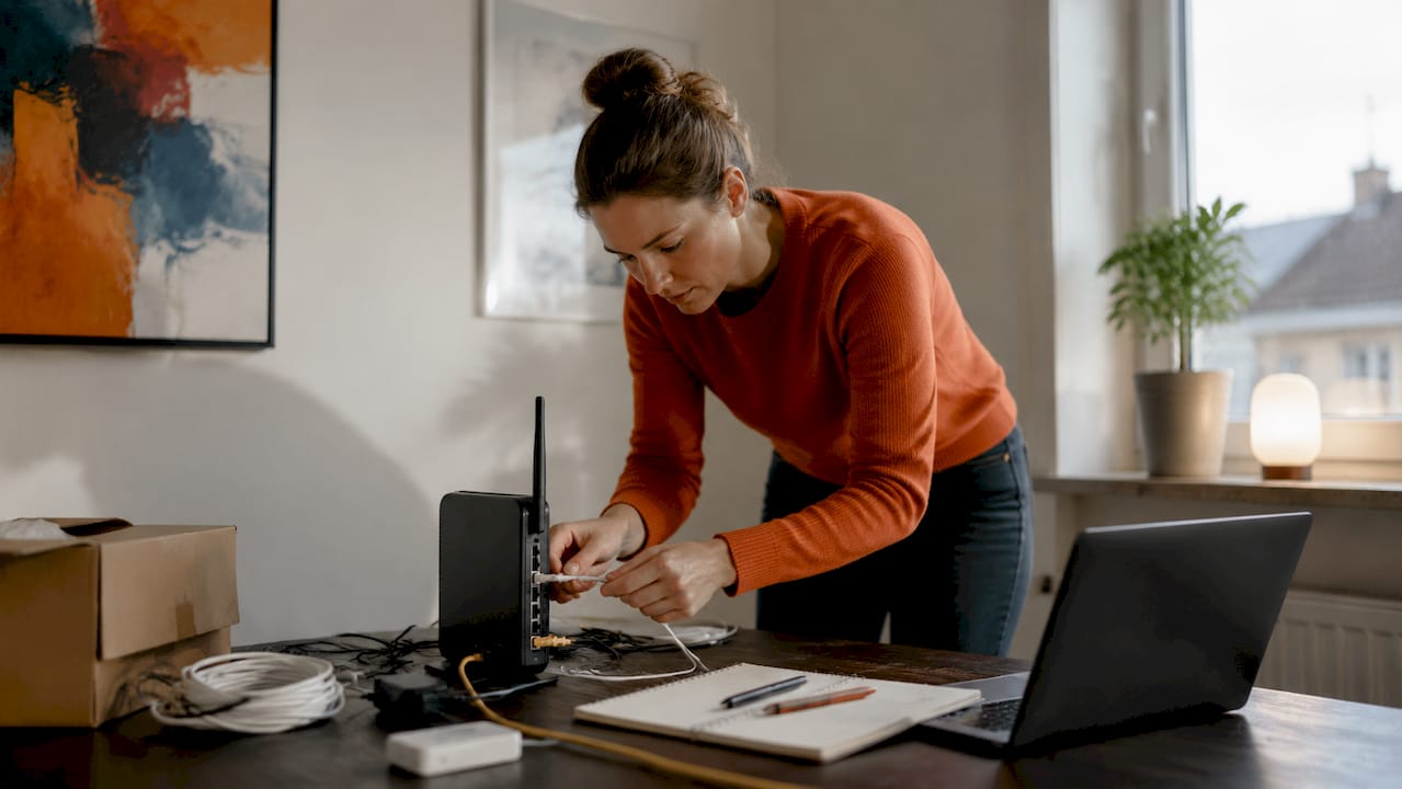En kvinna fixar ny router hemma och kopplar upp sig till nätet.