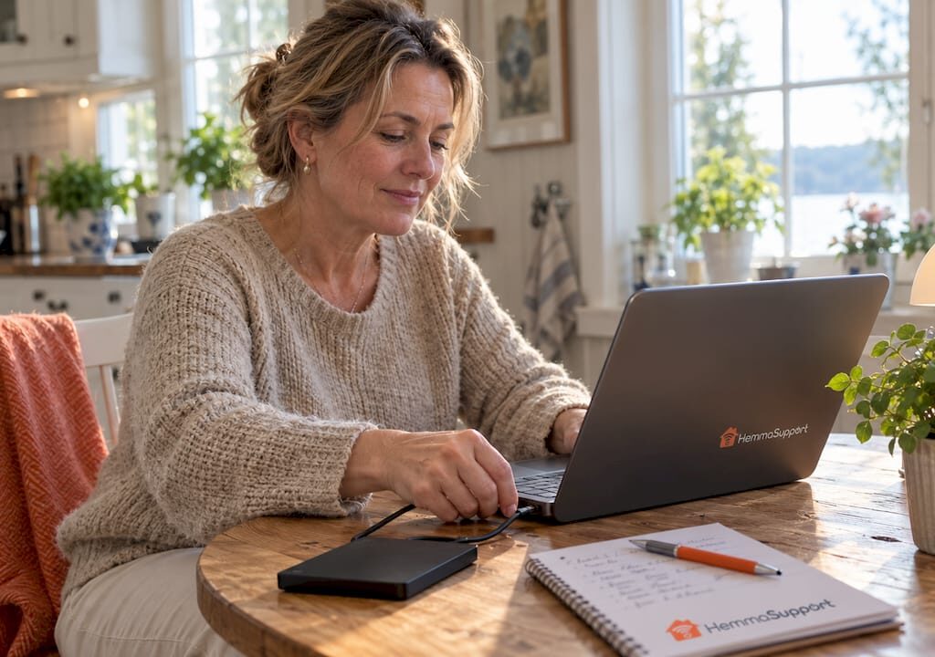 En person ansluter en extern hårddisk till datorn.