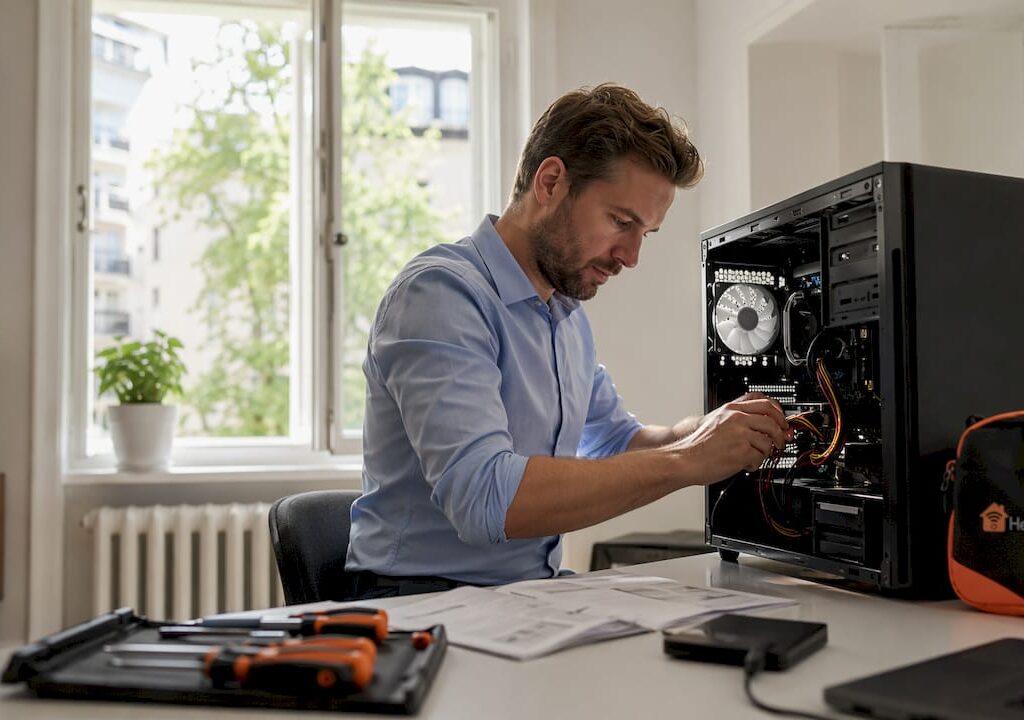 En tekniker är på plats och sätter upp en dator på hemmakontoret.