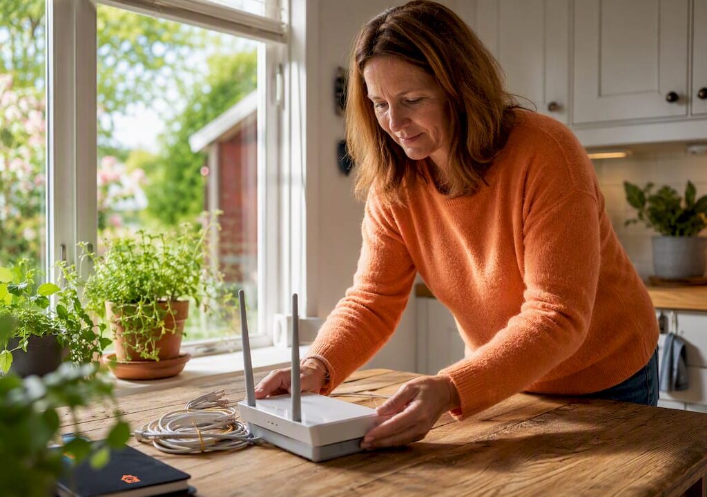 En kvinna flyttar wifi-routern till en bättre plats för att få starkare signal.