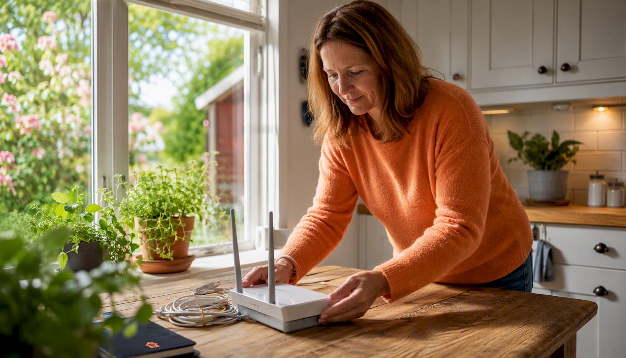 En kvinna flyttar wifi-routern till en bättre plats för att få starkare signal.