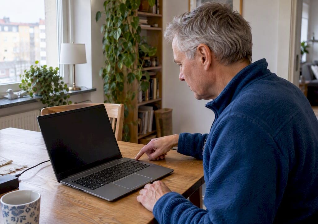 Person försöker fixa en laptop med svart skärm
