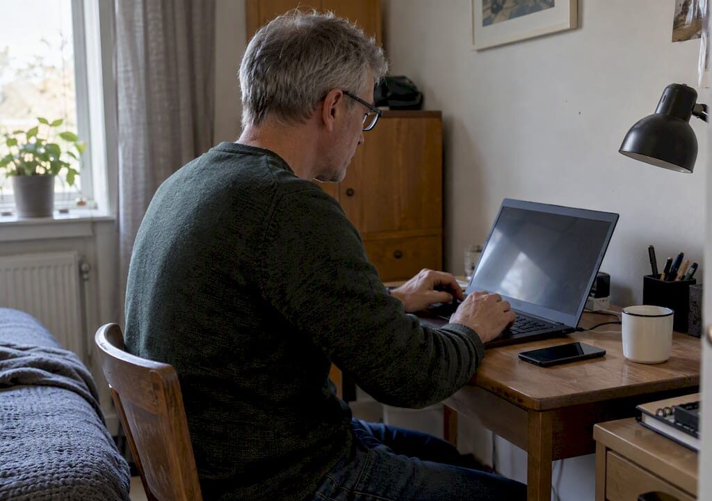 Personen ställer in e-posten på datorn hemma