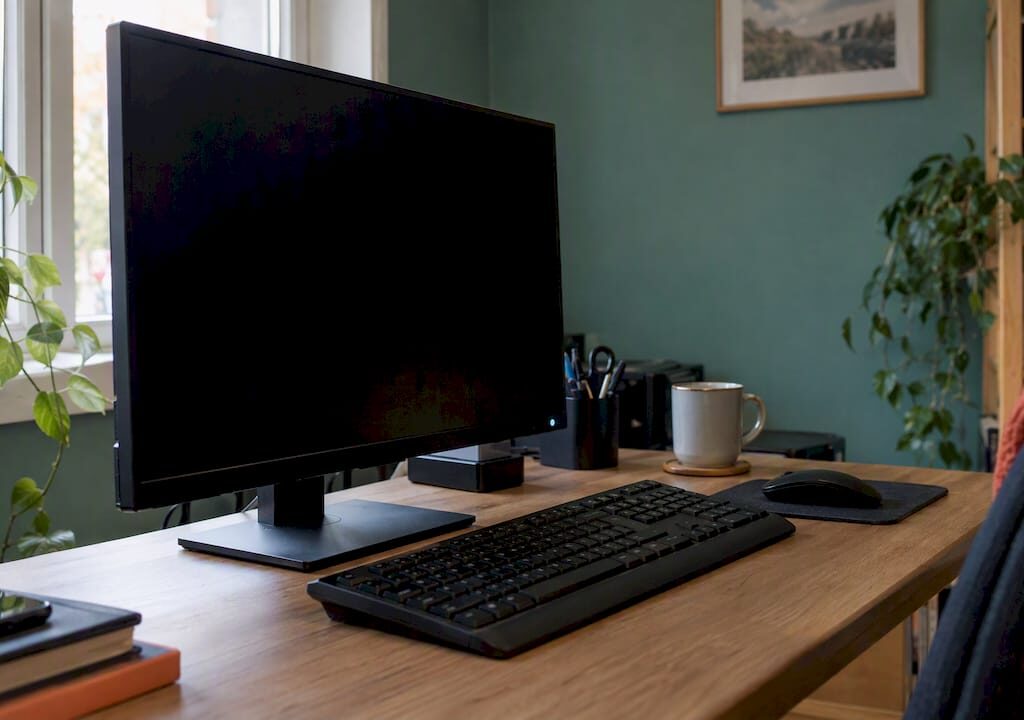 En svart datorskärm på ett skrivbord i ett hemmakontor